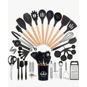 44pcs Premium Silicone Kitchen Utensil Set With Wooden Handles And Knives - Heat Resistant, Non-Stick, For Cooking And Cleaning
